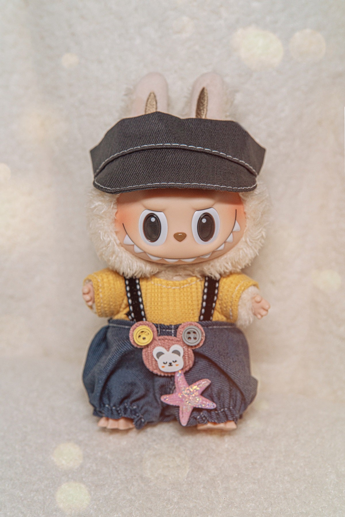 Denim Overalls with Yellow Knit Sweater for 17 cm LBB Standard Plush Dolls