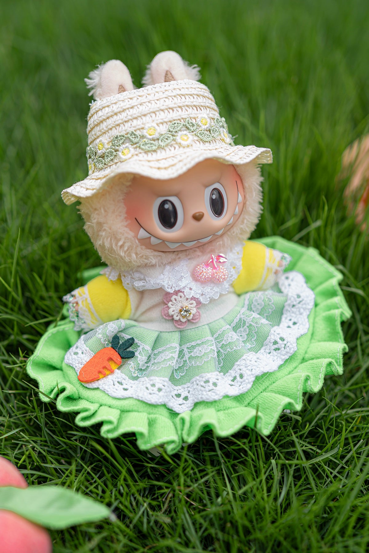 Summer Green Hooded Dress with White Straw Hat for 17 cm LBB Standard Plush Dolls