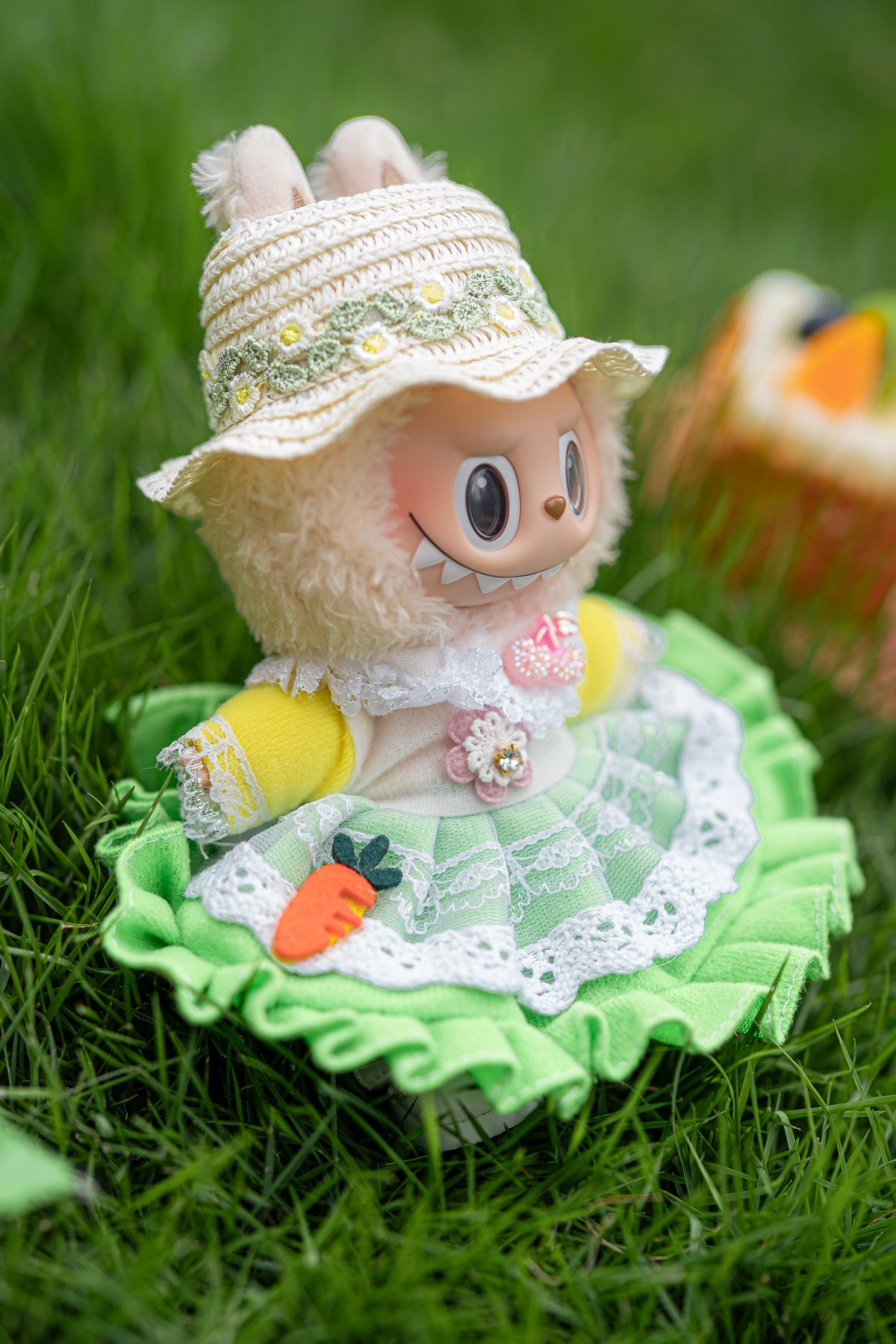 Summer Green Hooded Dress with White Straw Hat for 17 cm LBB Standard Plush Dolls
