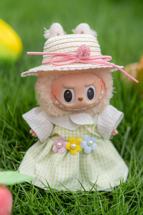 Green Petal-Trim Dress with Straw Hat for 17 cm LBB Standard Plush Dolls